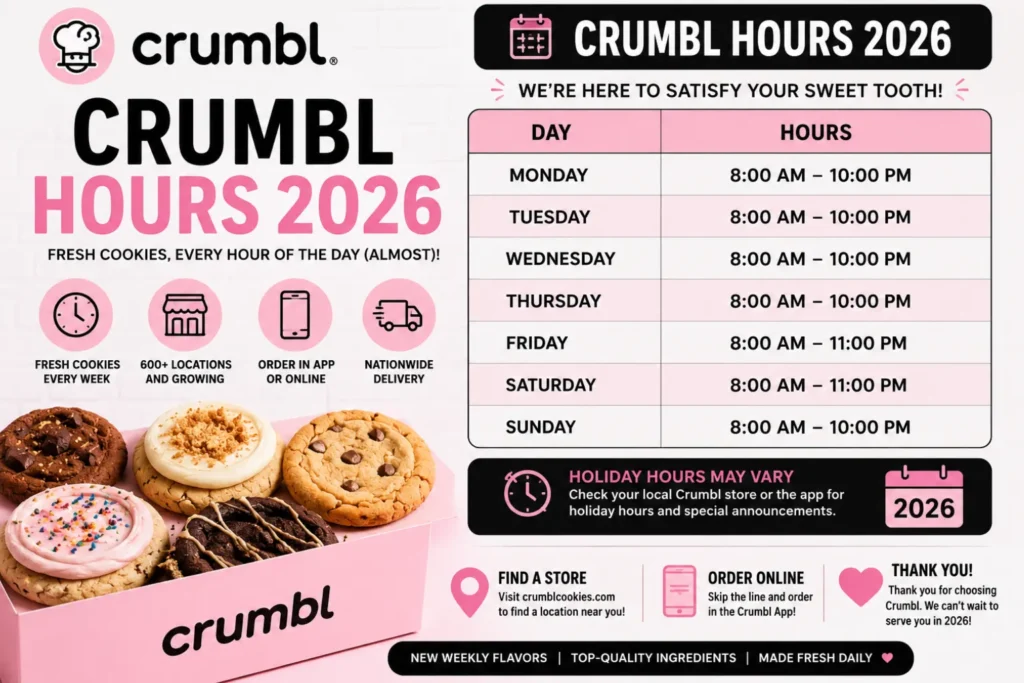 Crumbl Hours 2026 | Opening, Closing, Weekend & Holiday crumbl hours 2026